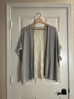 Cato Gray Knit Open-Front Cardigan with Cream Lace Back